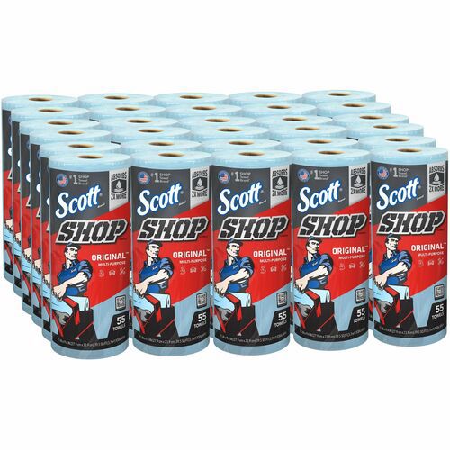 Shop Towels, Standard Roll, 1-Ply, 9.4 x 11, Blue, 55/Roll, 30 Rolls/Carton